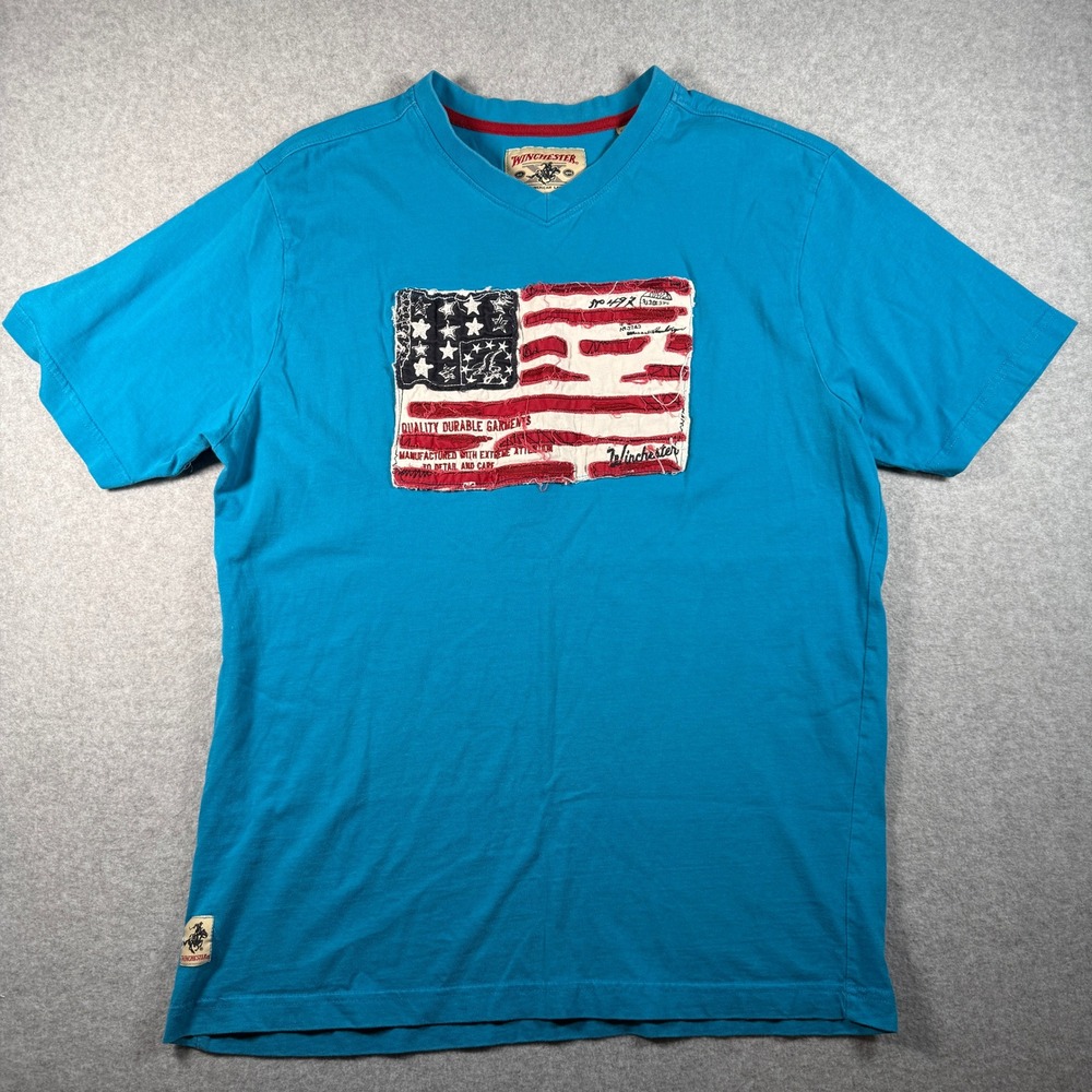 Winchester T‑Shirt Men's 2XL Blue V‑Neck American Flag Graphic Tee